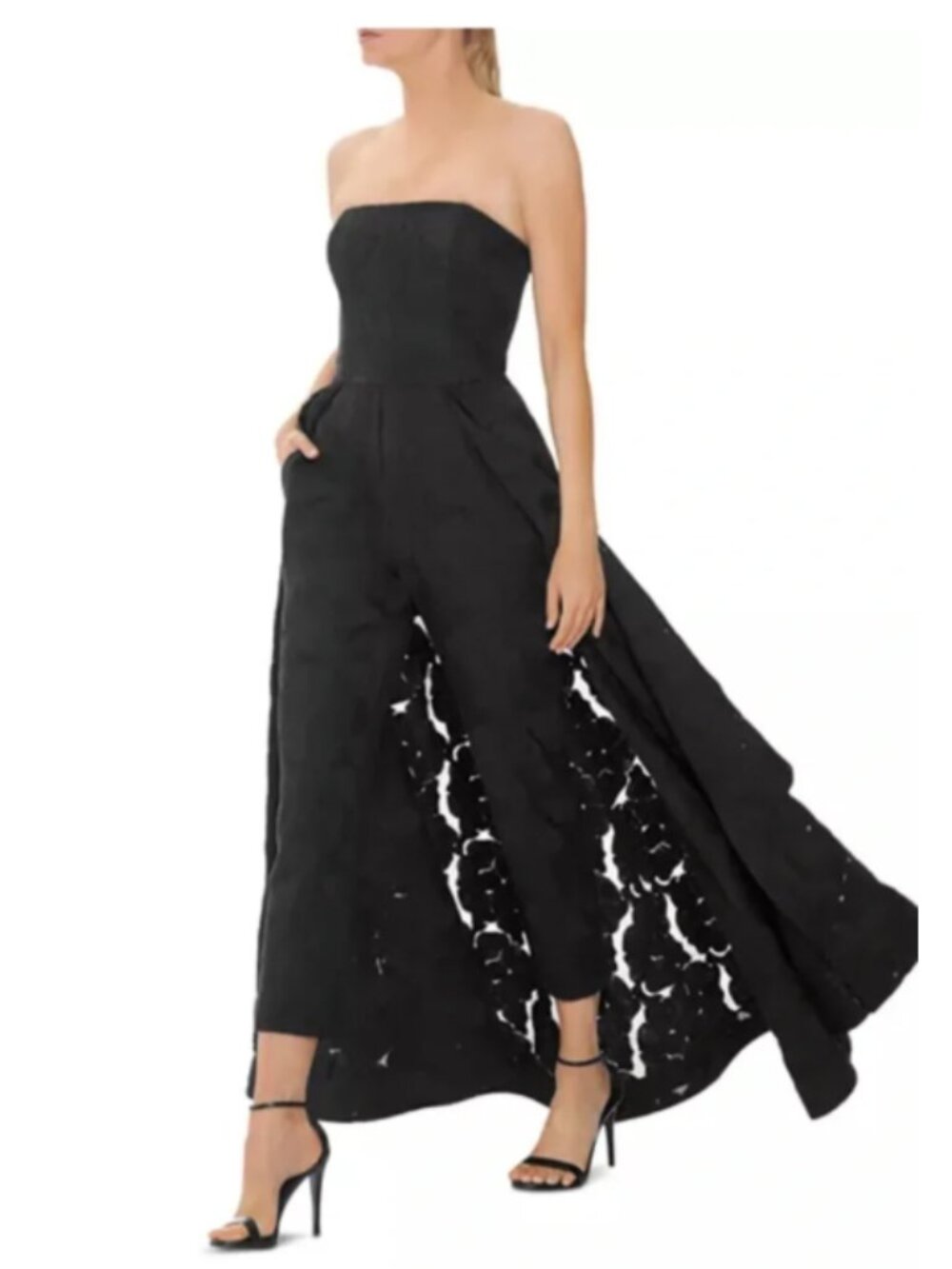 Halston Black Strapless Jacquard Jumpsuit Gown with Skirt Overlay Sz 4